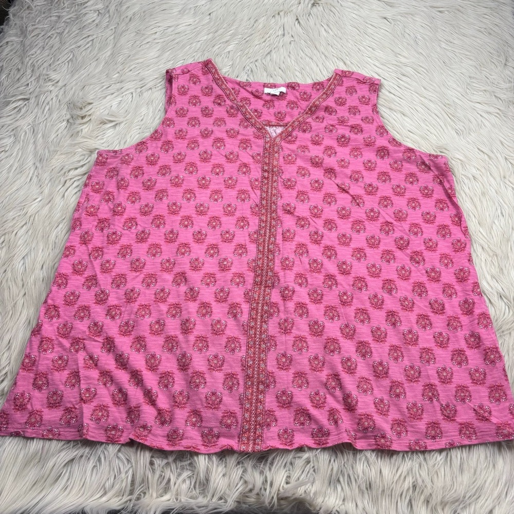 J.Jill Women's 2X Pink Boho Floral Sleeveless Top Tank V-Neck‎ Casual Summer